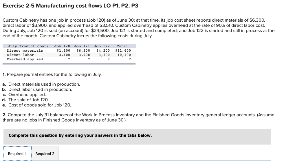 Exercise 2-5 Manufacturing cost flows LO P1, P2, P3 Custom Cabinetry