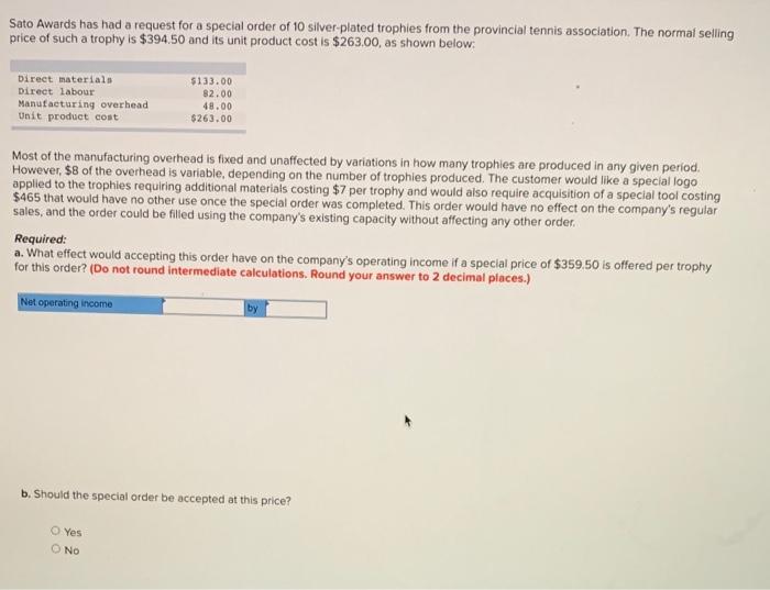  Sato Awards has had a request for a special order of