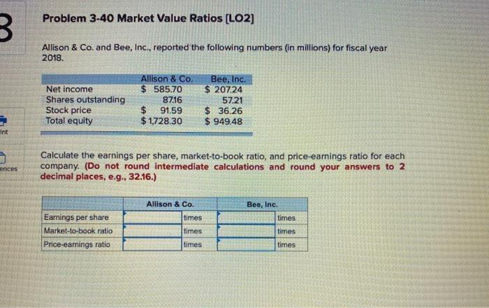  Problem 3-40 Market Value Ratios (LO2) 3 Allison & Co. and