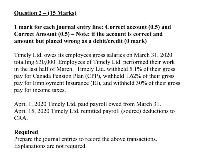  Question 2 - (15 Marks) 1 mark for each journal entry