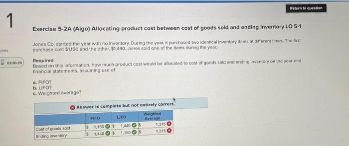  1 Sints Return to urn to question Exercise 5-2A (Algo) Allocating
