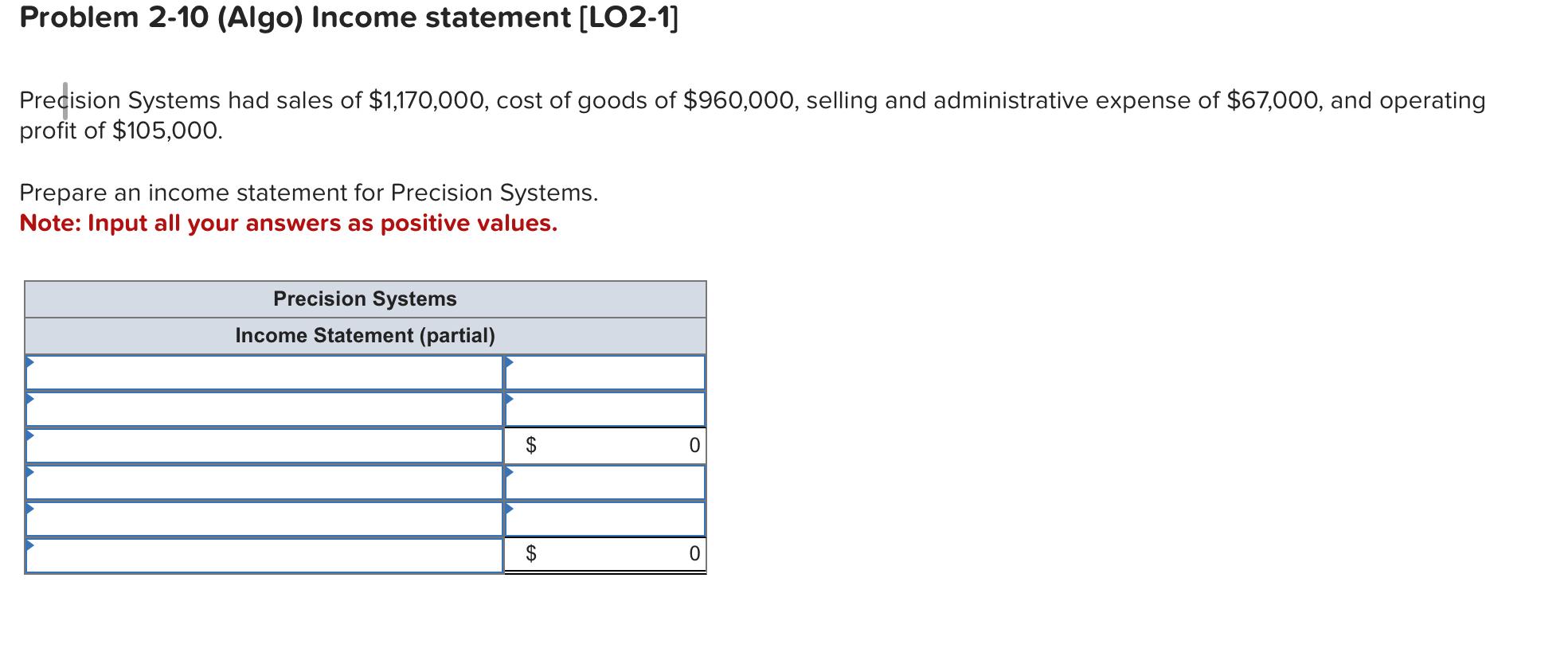  Problem 2-10(Algo) Income statement [LO2-1] Precision Systems had sales of $1,170,000,