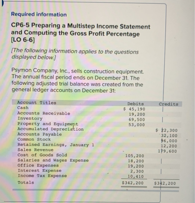  Required information CP6-5 Preparing a Multistep Income Statement and Computing the