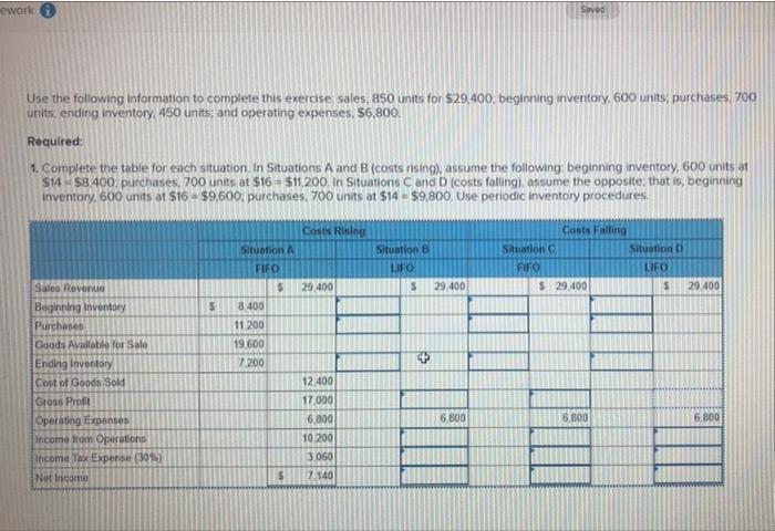  ework Saved Use the following information to complete this exercise sales,