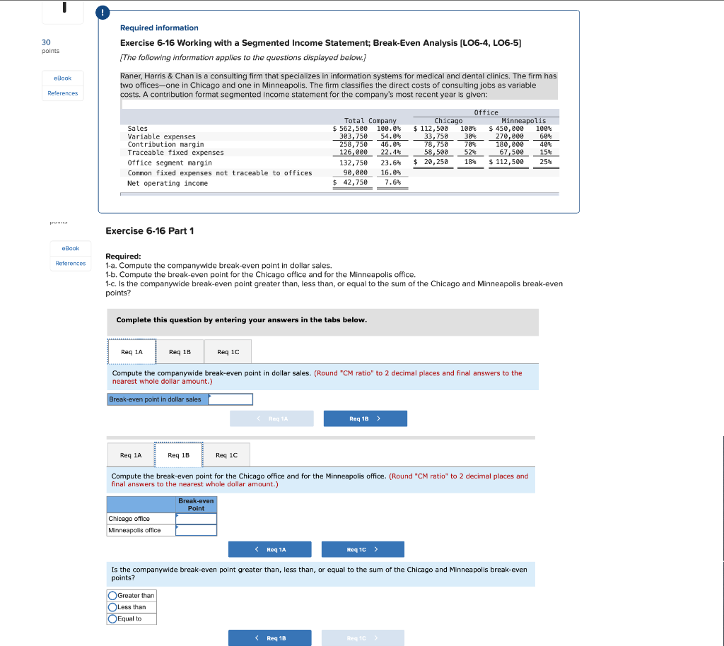  30 points Required information Exercise 6-16 Working with a Segmented Income