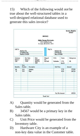 (1NF). B) second normal form (2NF). C) third normal form (3NF). D)