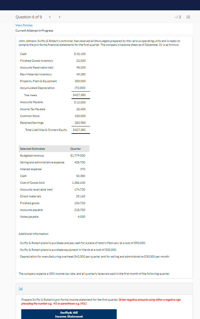 Question 6 of 9 -/3 E View Policies Current Attempt in