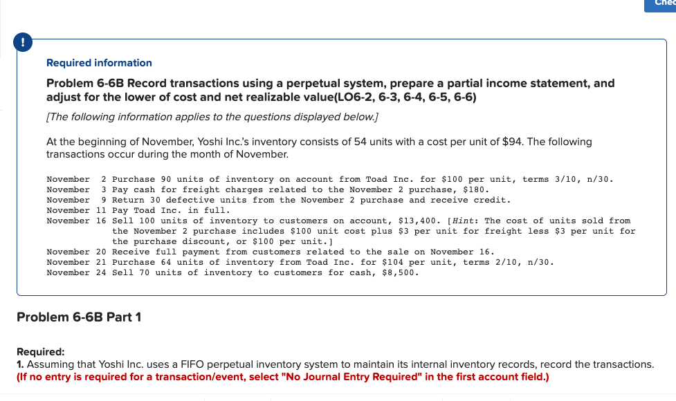 Chec Required information Problem 6-6B Record transactions using a perpetual system,