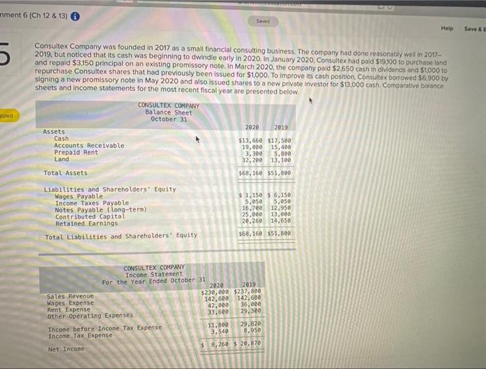  nment 6 (Ch 12 & 13) Saved Help 5 Consultex Company