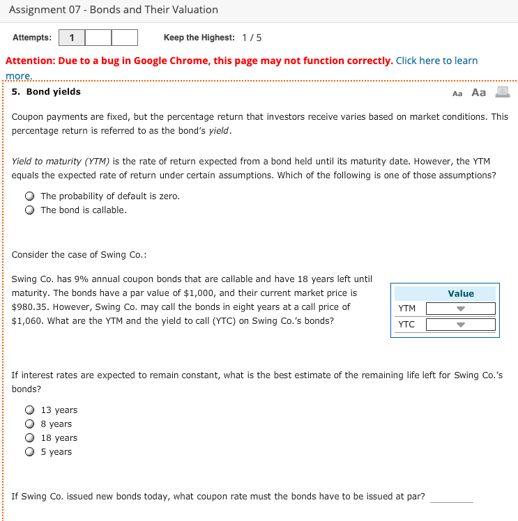 Assignment 07- Bonds and Their Valuation Attempts: 1 Keep the Highest: