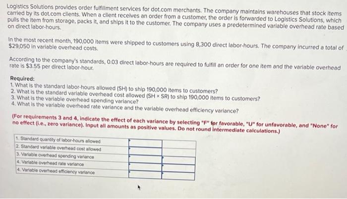 hi i need help with this homework problem Logistics Solutions provides order