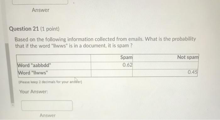  Answer Question 21 (1 point) Based on the following information collected