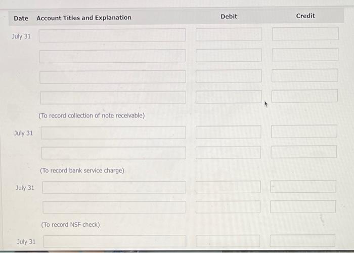 4. 5. Cash balance per bank, July 31, $8,363. July bank service