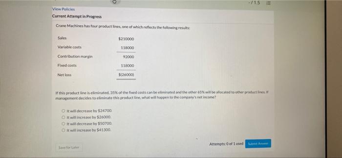 10) -/15 View Policies Current Attempt in Progress Crane Machines has four