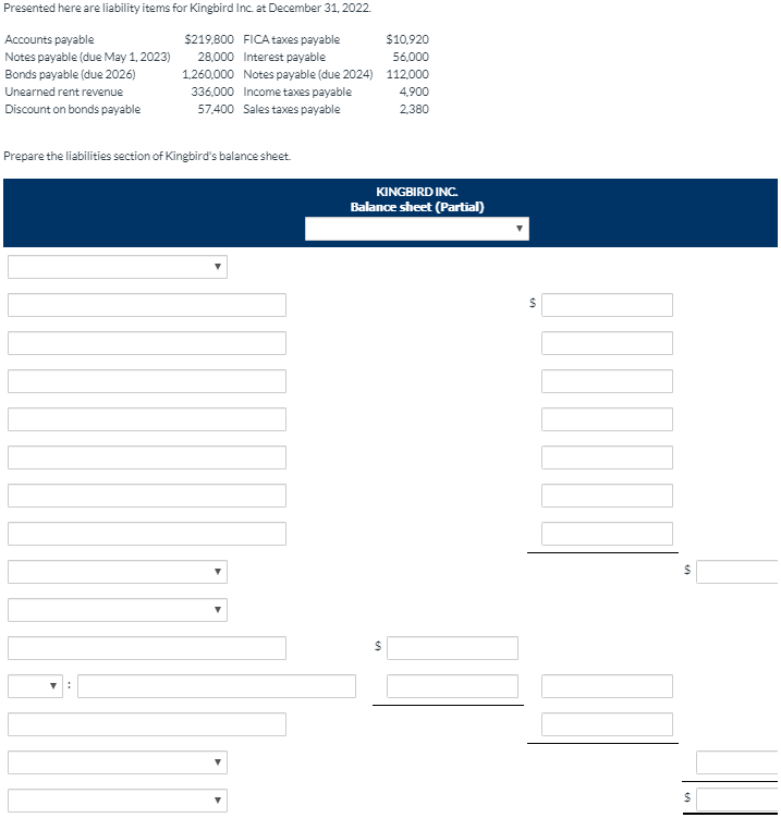  Presented here are liability items for Kingbird Inc. at December 31,