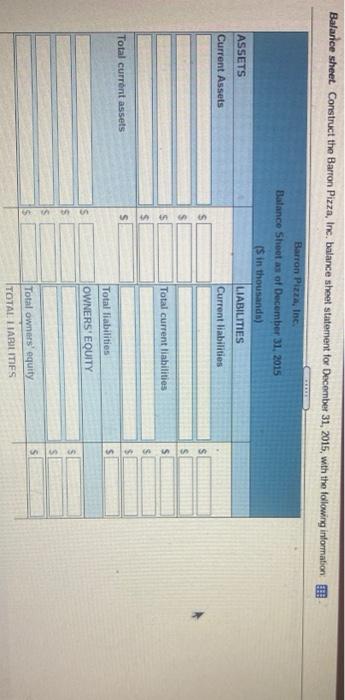  Balarice sheet Construct the Barron Pizza, Inc. balance sheet statement for