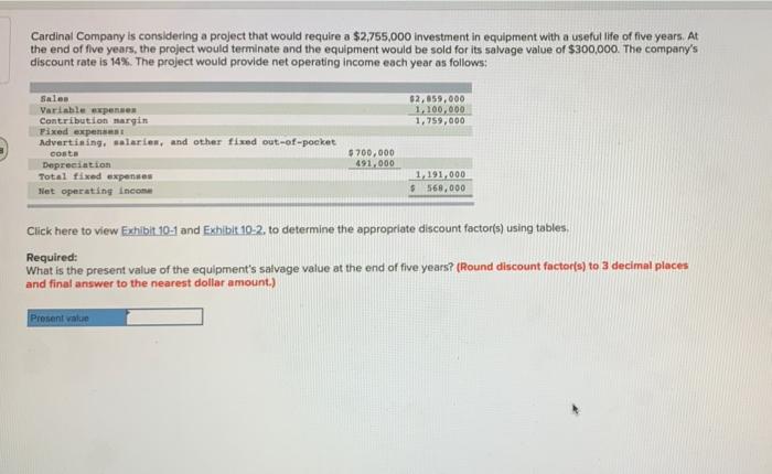  Cardinal Company is considering a project that would require a $2,755,000