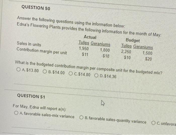  QUESTION 50 Answer the following questions using the information below: Edna's
