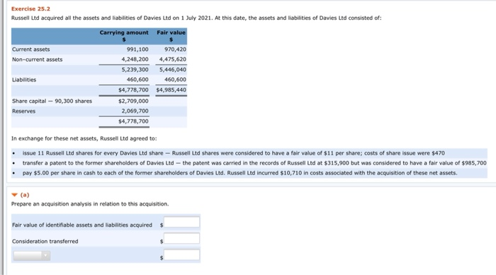  Exercise 25.2 Russell Ltd acquired all the assets and liabilities of