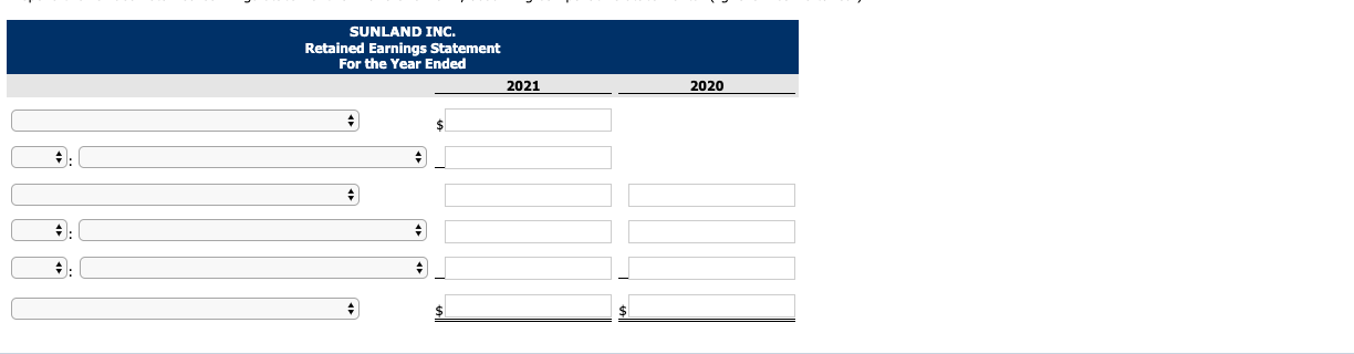 statements for Sunland Inc. for the years 2020 and 2021. Sales Cost