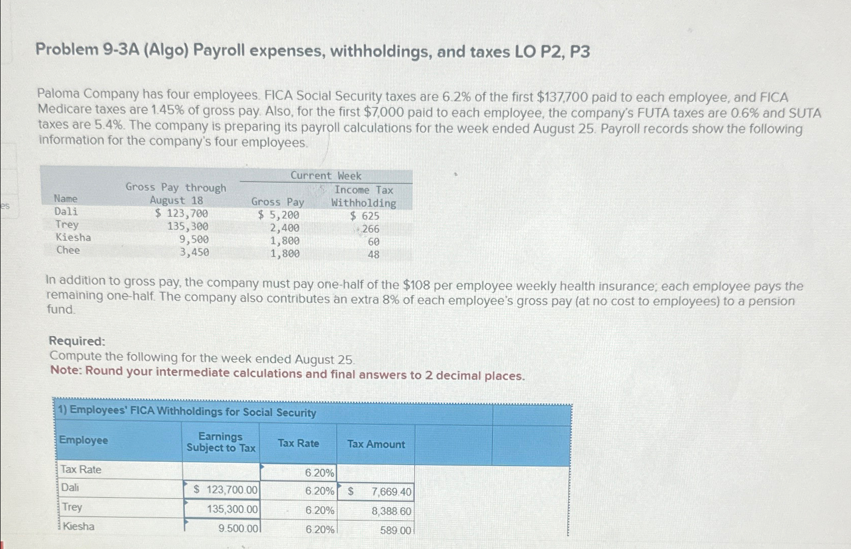 Problem 9-3A (Algo) Payroll expenses, withholdings, and taxes LO P2, P3