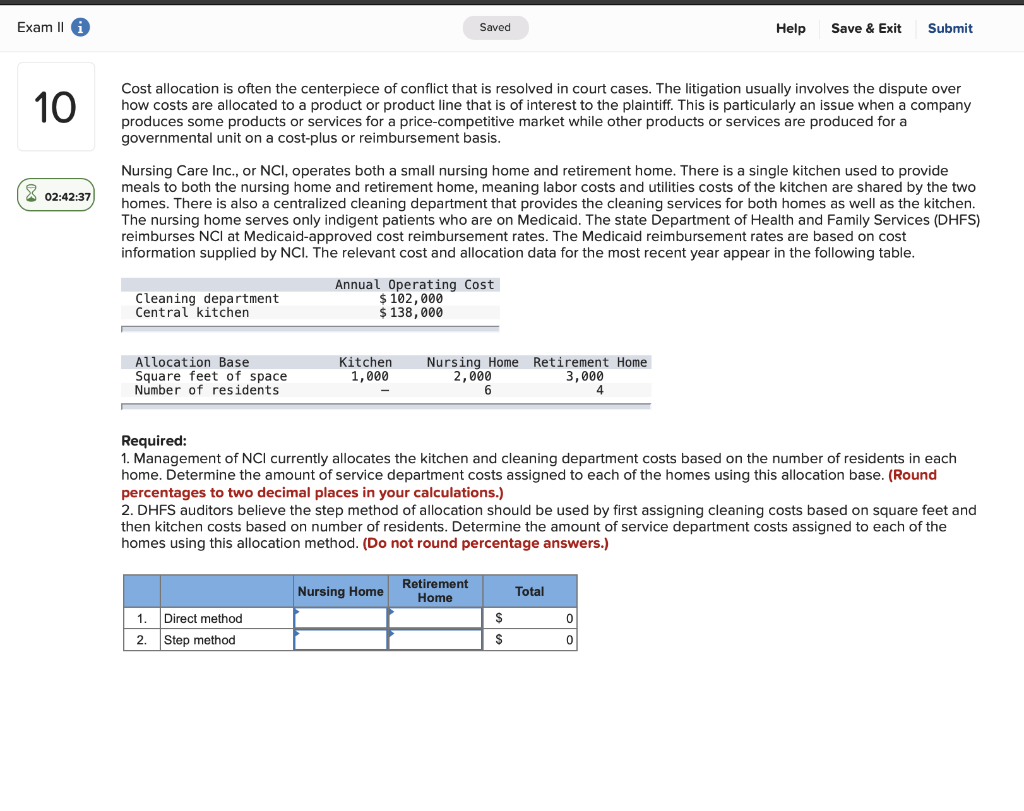 Exam 11 Saved Help Save & Exit Submit 10 Cost allocation