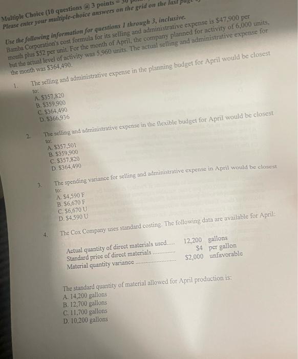  Multiple Choice (10 questions @ 3 points Please enter your multiple-choice