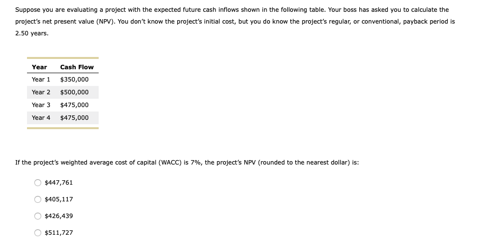  Suppose you are evaluating a project with the expected future cash