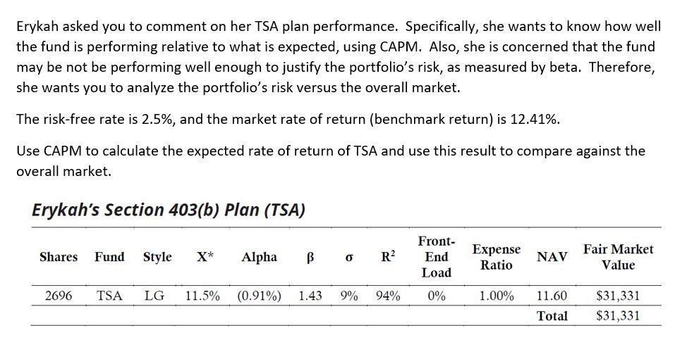  Erykah asked you to comment on her TSA plan performance. Specifically,