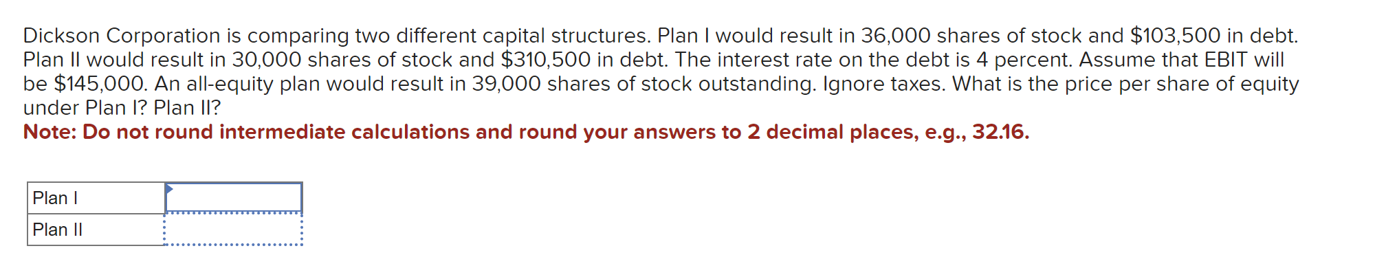  Dickson Corporation is comparing two different capital structures. Plan I would