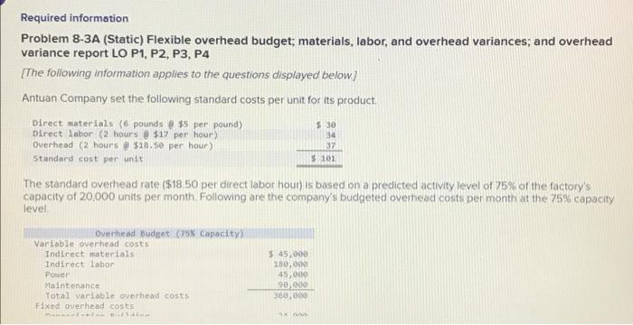 Required information Problem 8-3A (Static) Flexible overhead budget; materials, labor, and