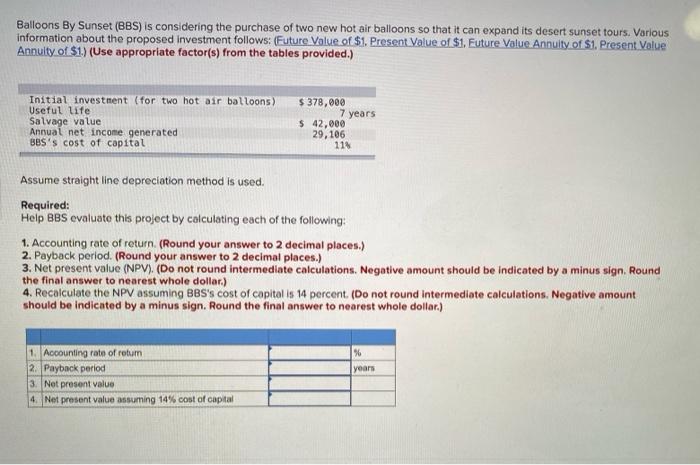 please make final answers clear. Balloons By Sunset (BBS) is considering the