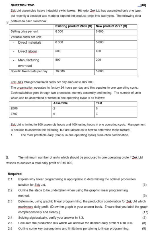 Zek Ltd assembles heavy industrial switchboxes. Hitherto, Zek Ltd has assembled only