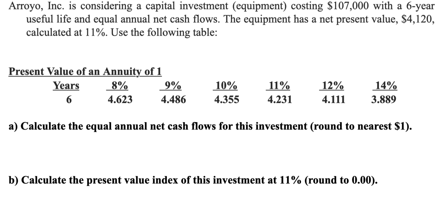 Please answer both a and b. Arroyo, Inc. is considering a capital