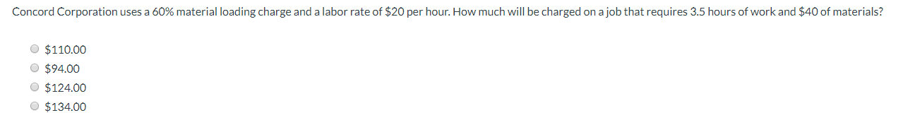 Concord Corporation uses a 60% material loading charge and a labor