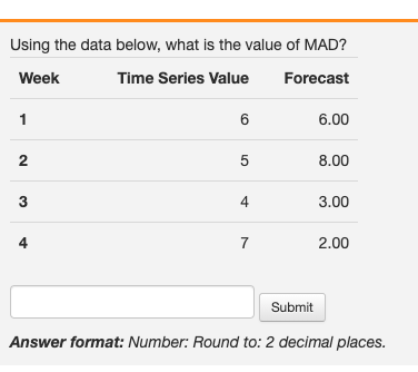 Using the data below, what is the value of MAD? Week