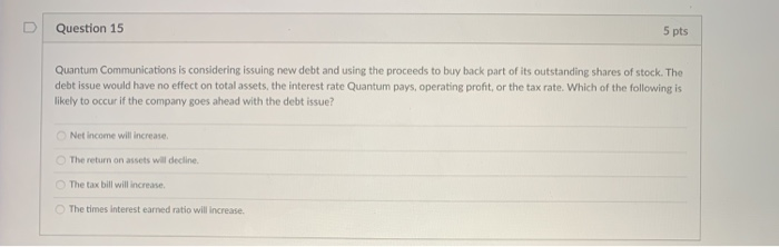  Question 15 5 pts Quantum Communications is considering issuing new debt