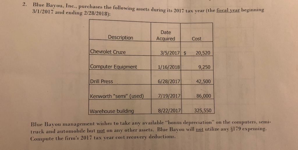 Need help to solve this depreciation (MACRS) problems. Thanks! 2. Blue Bayou,
