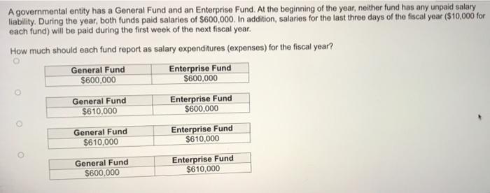  A governmental entity has a General Fund and an Enterprise Fund.