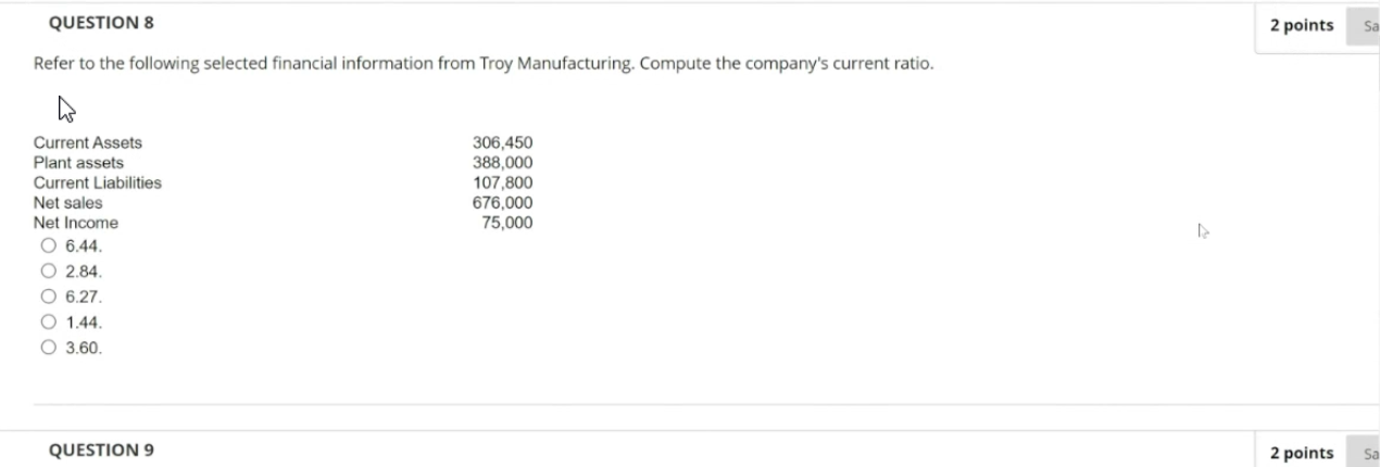  QUESTIONS 2 points Sa Refer to the following selected financial information