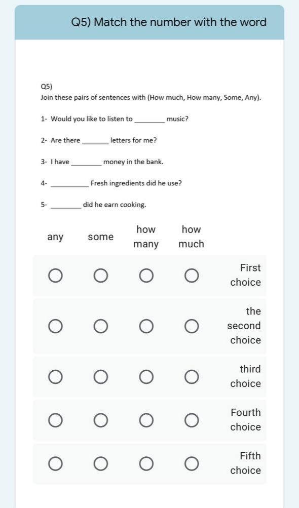 Please answer all question Q5) Match the number with the word Q5)