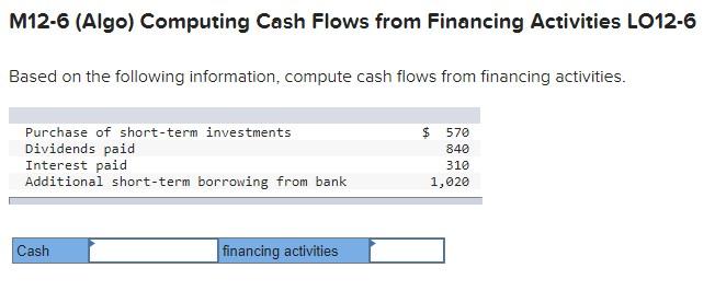 M12-6 (Algo) Computing Cash Flows from Financing Activities LO12-6 Based on