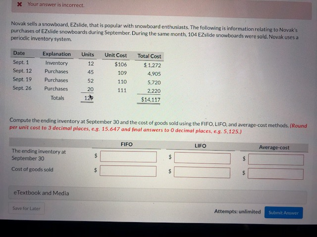 right away. Your answer is partially correct. Swifty Hardware reported cost of