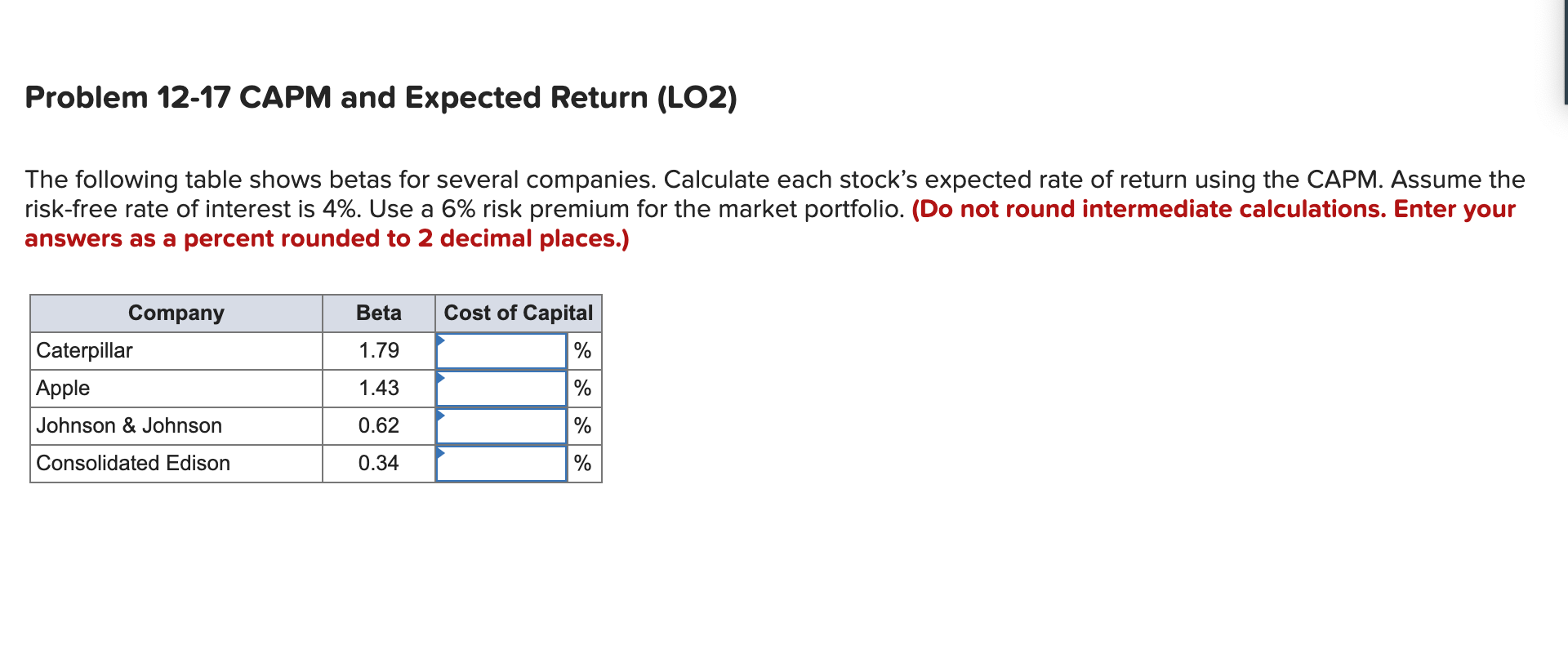  Problem 12-17 CAPM and Expected Return (LO2) The following table shows
