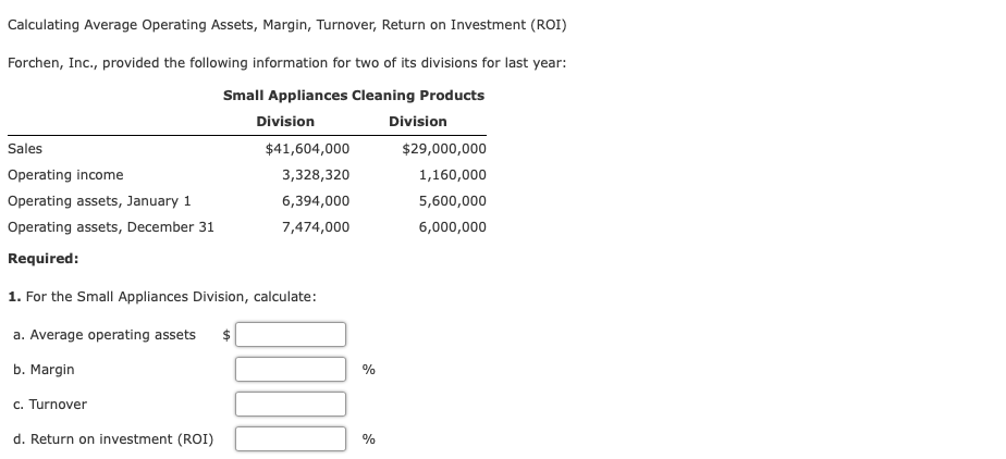  Calculating Average Operating Assets, Margin, Turnover, Return on Investment (ROI) Forchen,
