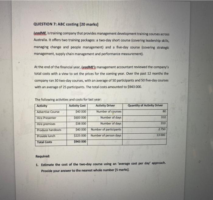  please do for 360 days QUESTION 7: ABC costing [20 marks)