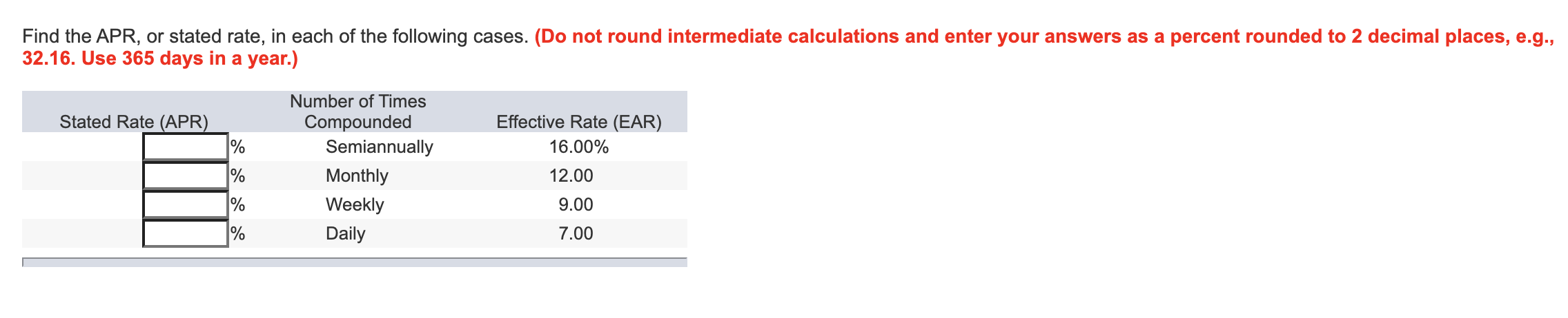 Please help me answer those questions. Find the APR, or stated rate,