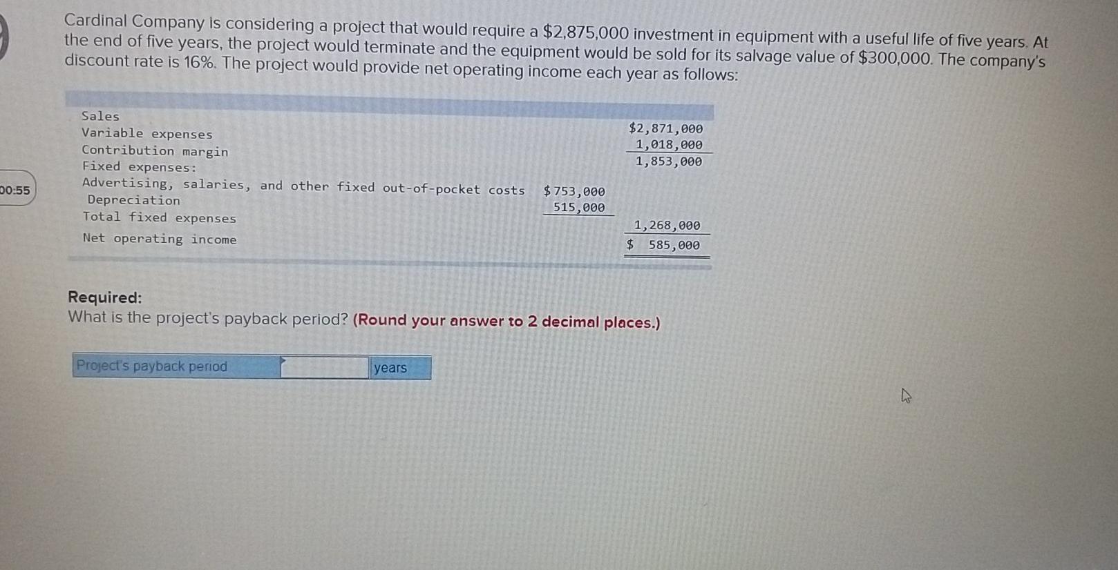 Cardinal Company is considering a project that would require a $2,875,000