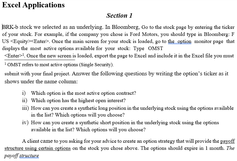 Excel Applications Section 1 BRK-b stock we selected as an underlying.