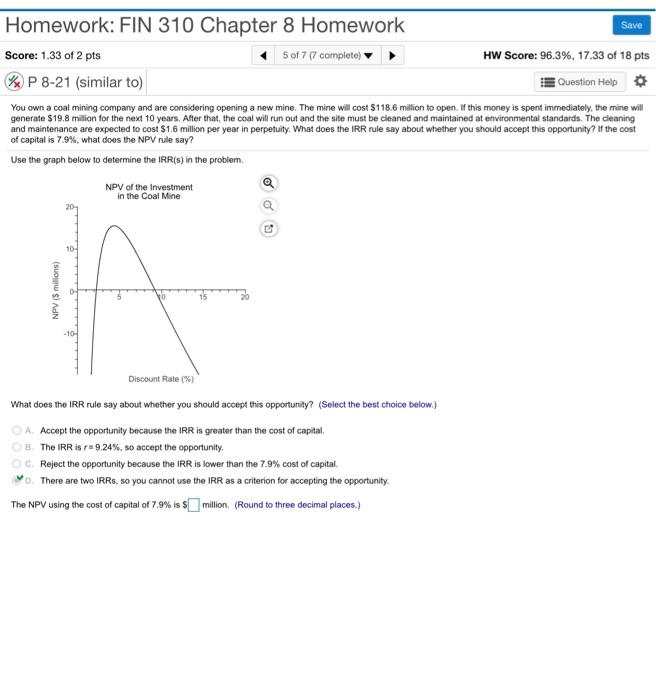 what is b? Homework: FIN 310 Chapter 8 Homework Save Score: 1.33